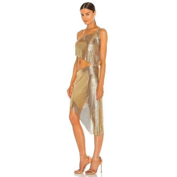 New Bronx and Banco Xenia One Shoulder Dress in Gold metallic chainmail cutout - Picture 8 of 11